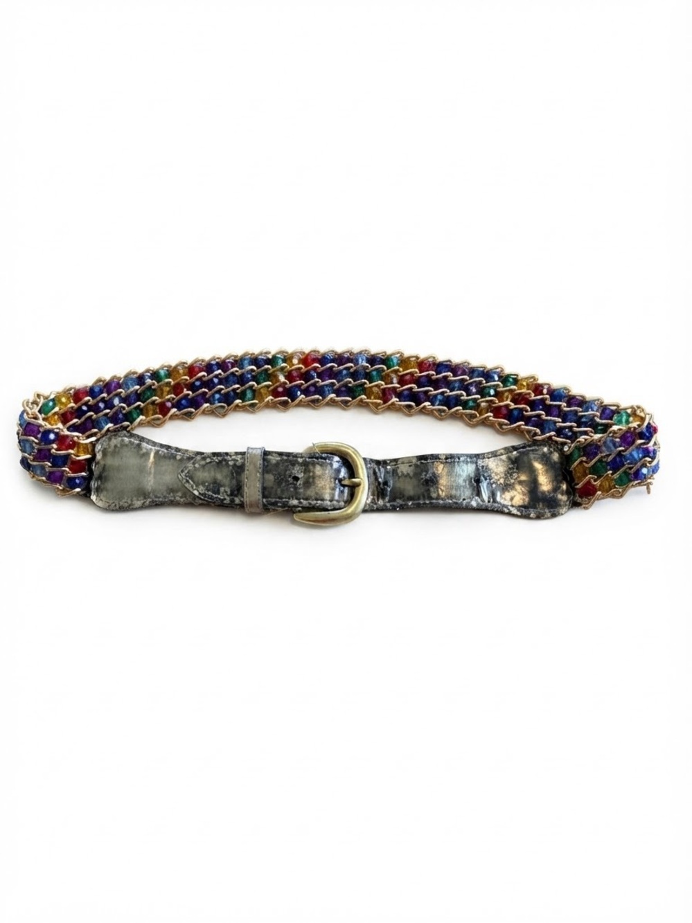Y2K VTG Colorful Beaded Avant Garde chain Link Belt Metallic Leather Closure